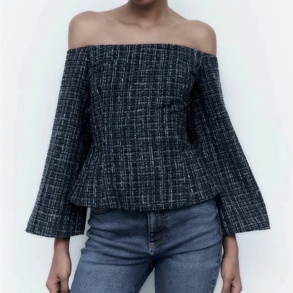 Zara Blue Tweed Textured Off the Shoulder Top - Picture 4 of 9